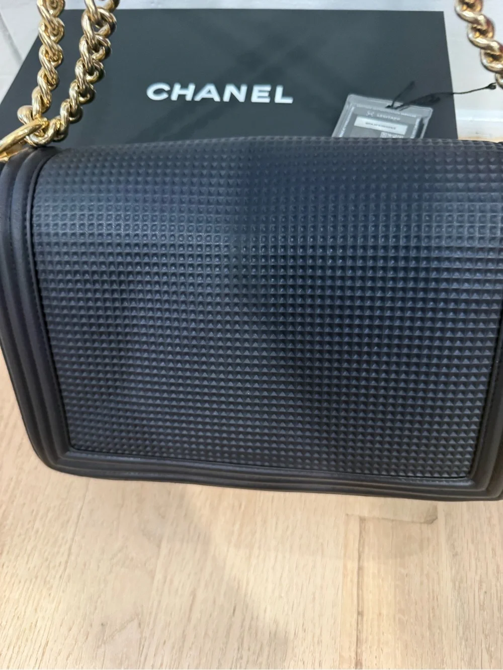 Authentic Chanel Navy Quilted Medium Boy Bag with Red & Gold Accent